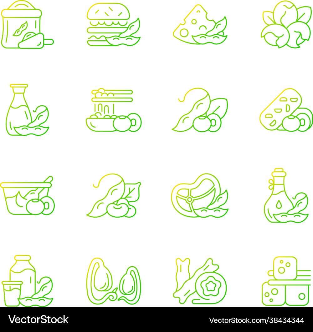 Soy foods gradient linear icons set Soy foods gradient linear icons set vector image