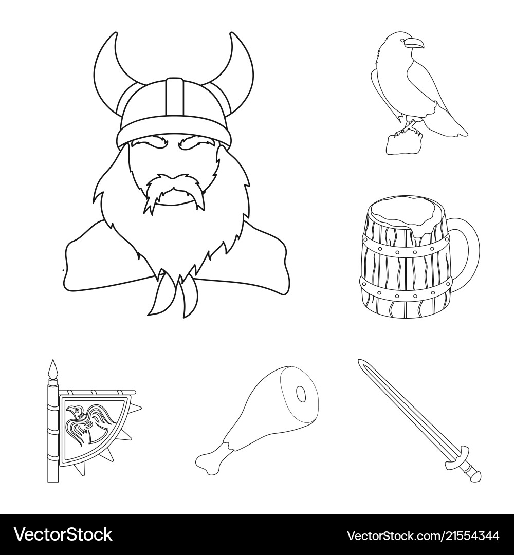 Vikings and attributes outline icons in set Vector Image