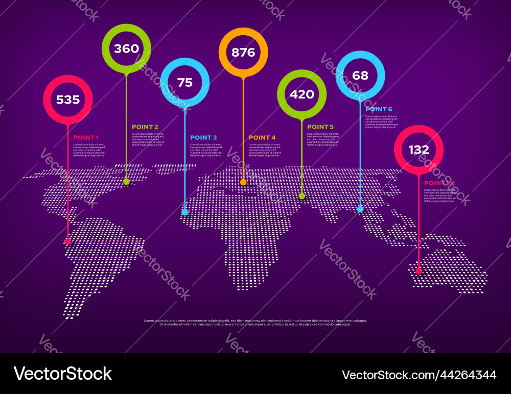 World map infographic with color pointers or pins vector image