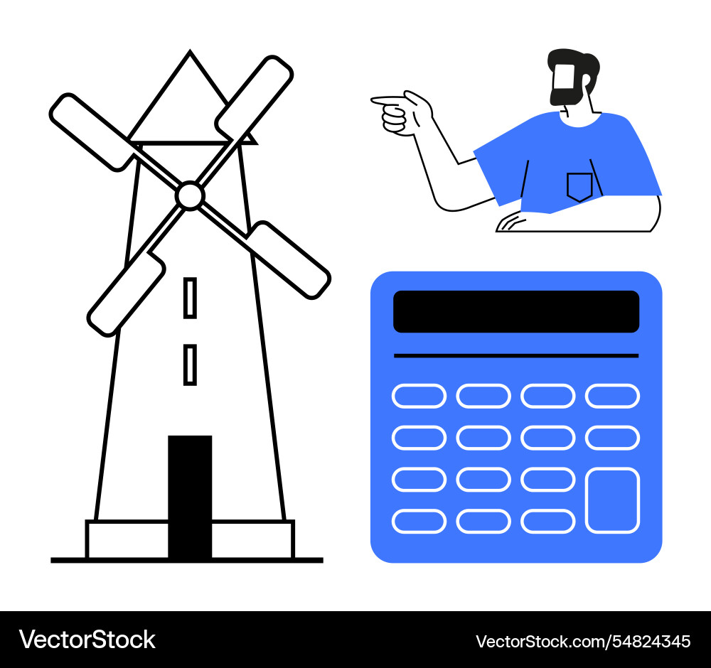 Man pointing at windmill and large calculator Man pointing at windmill and large calculator vector image