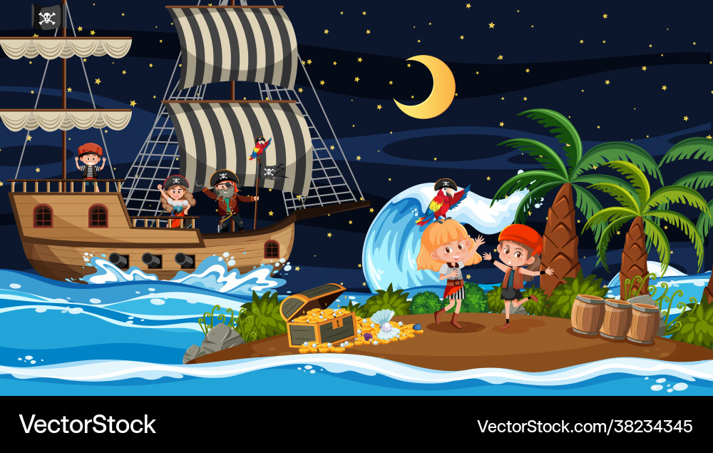 Schatz Insel Szene in der Nacht mit Piratenkindern Schatz Insel Szene in der Nacht mit Piratenkindern vektorbild