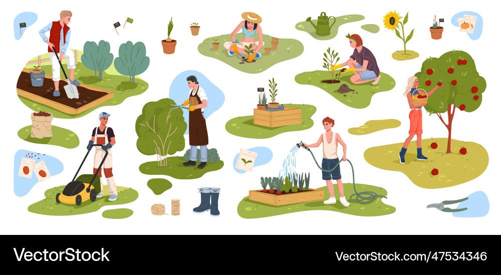 Farmer gardener and grower cartoon characters set Farmer gardener and grower cartoon characters set vector image