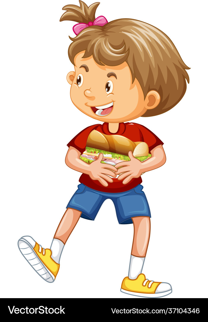 Happy girl cartoon character hugging food sandwich Happy girl cartoon character hugging food sandwich vector image