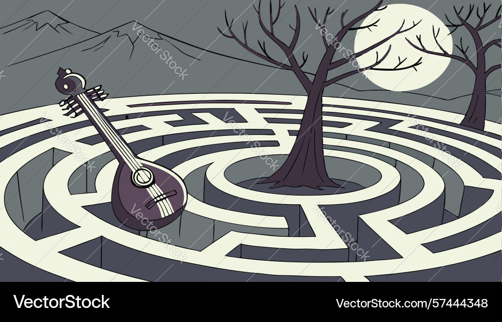 Lute in mysterious tree maze design generative ai vector image