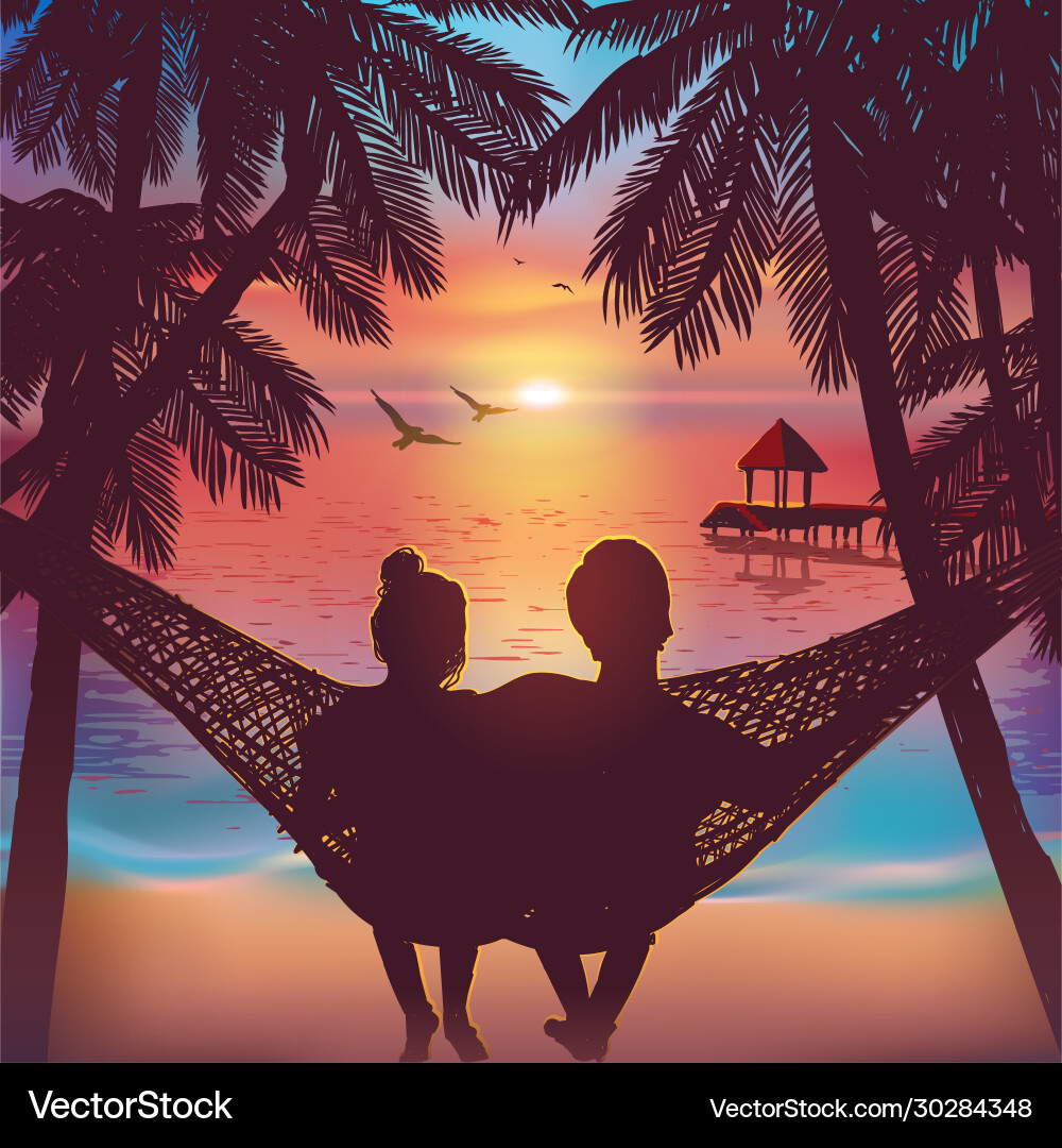 Romantic Couple in Hammock at Sunset Vector Image