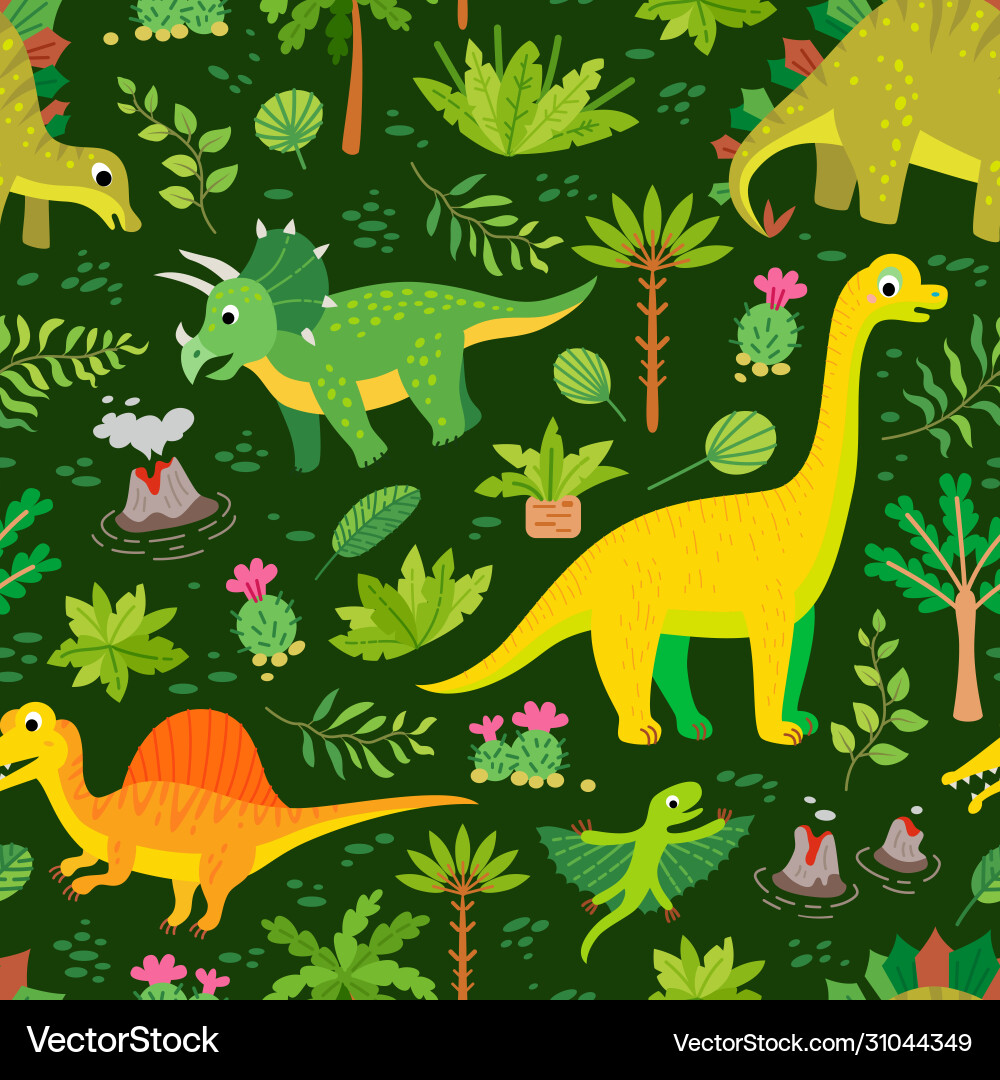 A childish dinosaurs and tropical leaves pattern A childish dinosaurs and tropical leaves pattern vector image