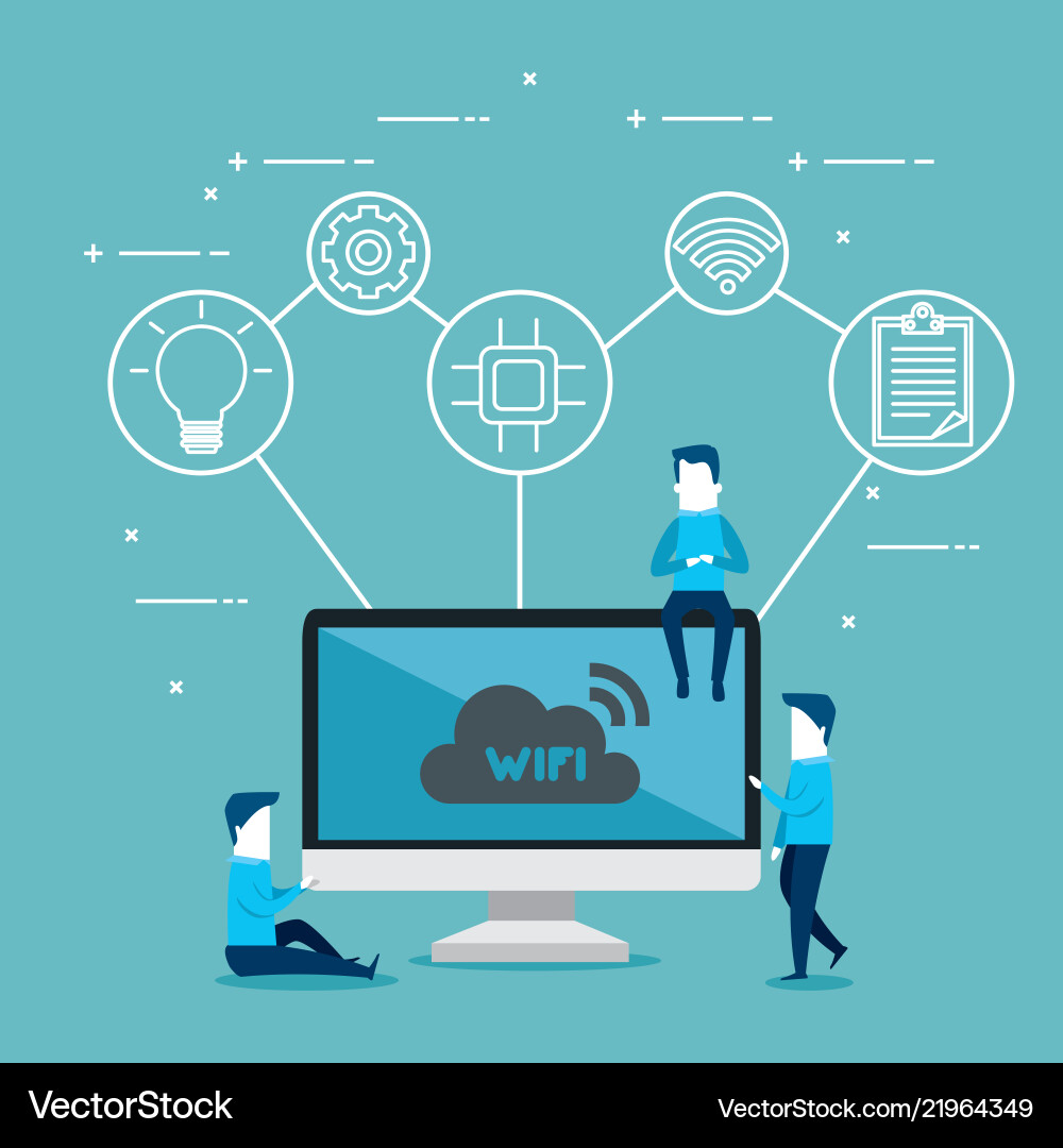 Desktop computer with connectivity 5g tech Desktop computer with connectivity 5g tech vector image