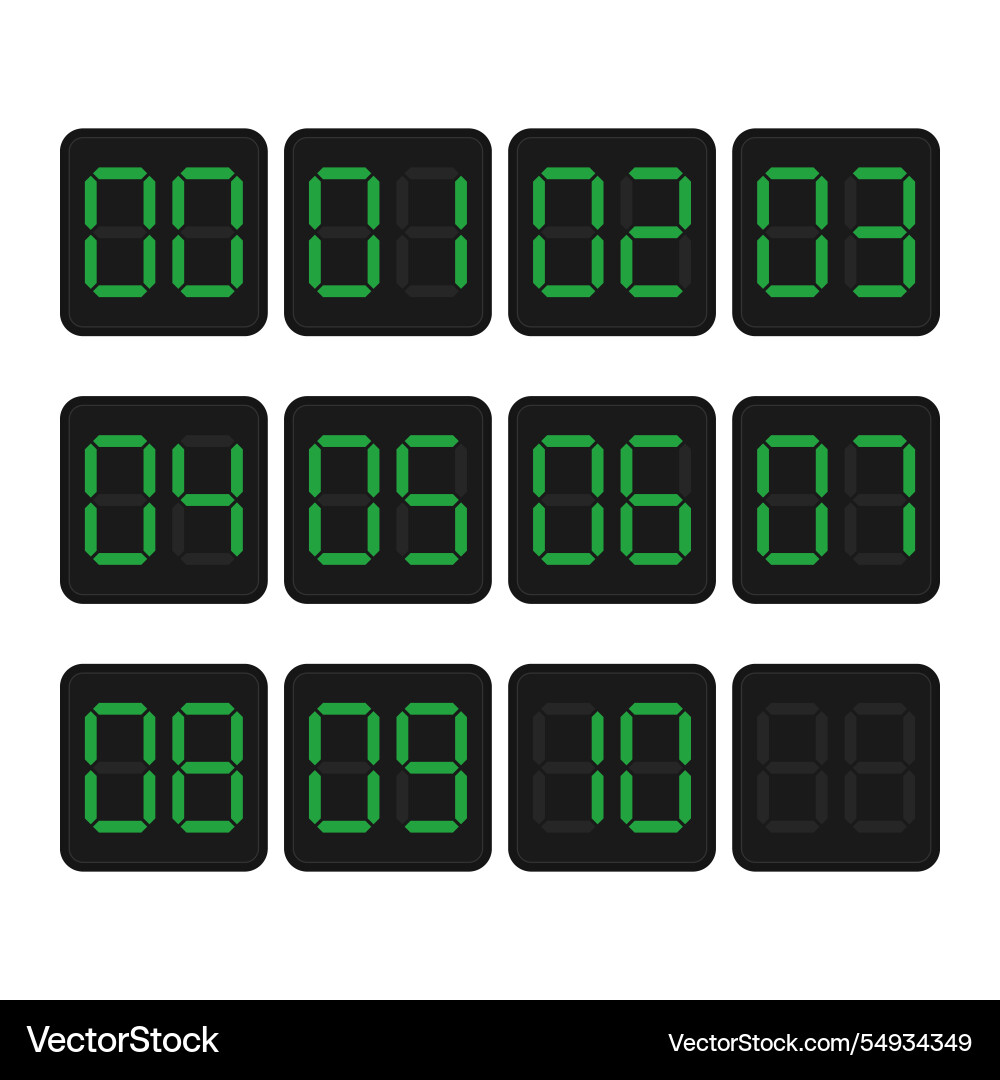 Digital countdown display set with green numbers vector image