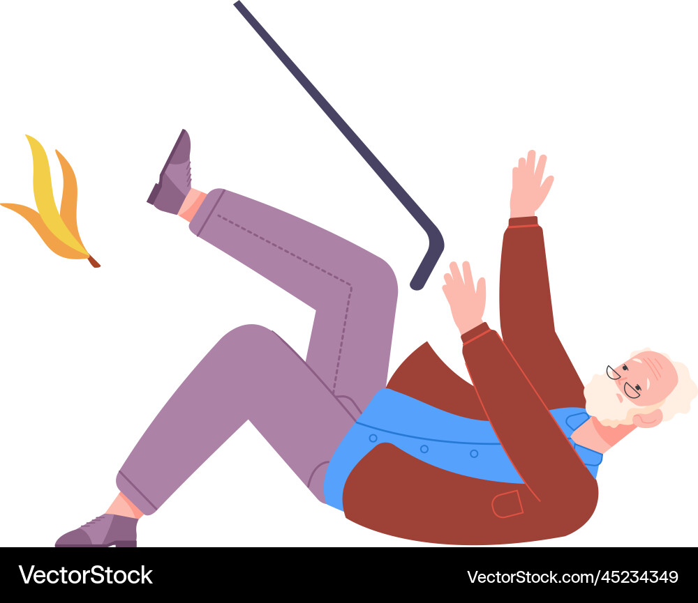 Old man slip on banana peel falling down accident Old man slip on banana peel falling down accident vector image