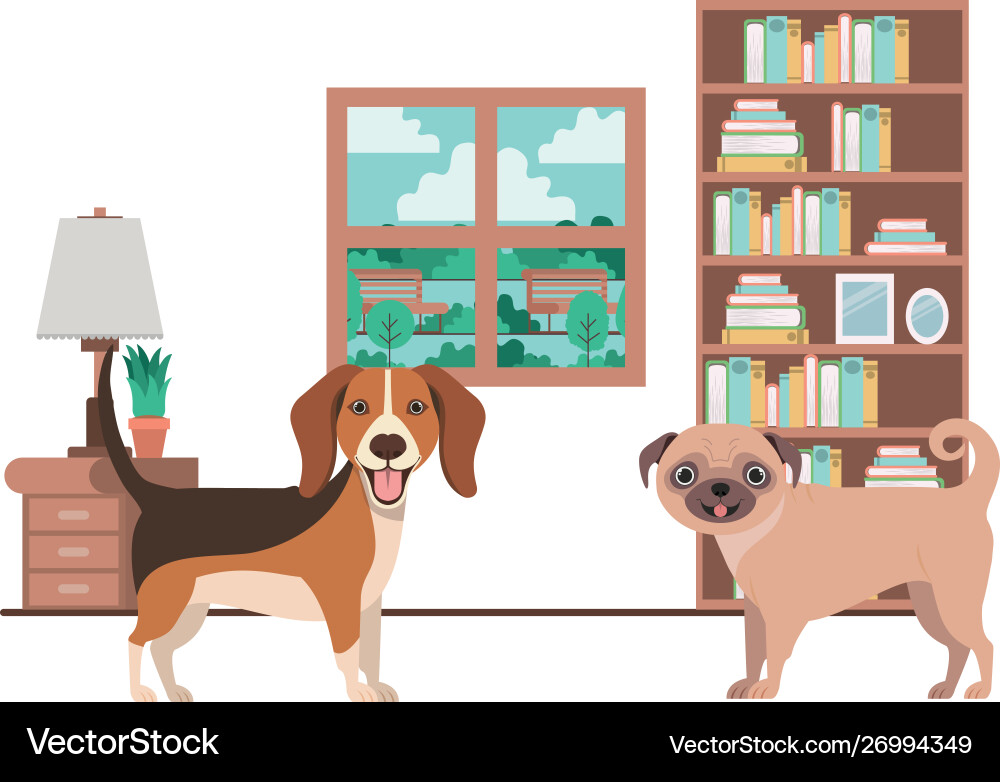 Süße und liebenswerte Hunde im Wohnzimmer Süße und liebenswerte Hunde im Wohnzimmer vektorbild