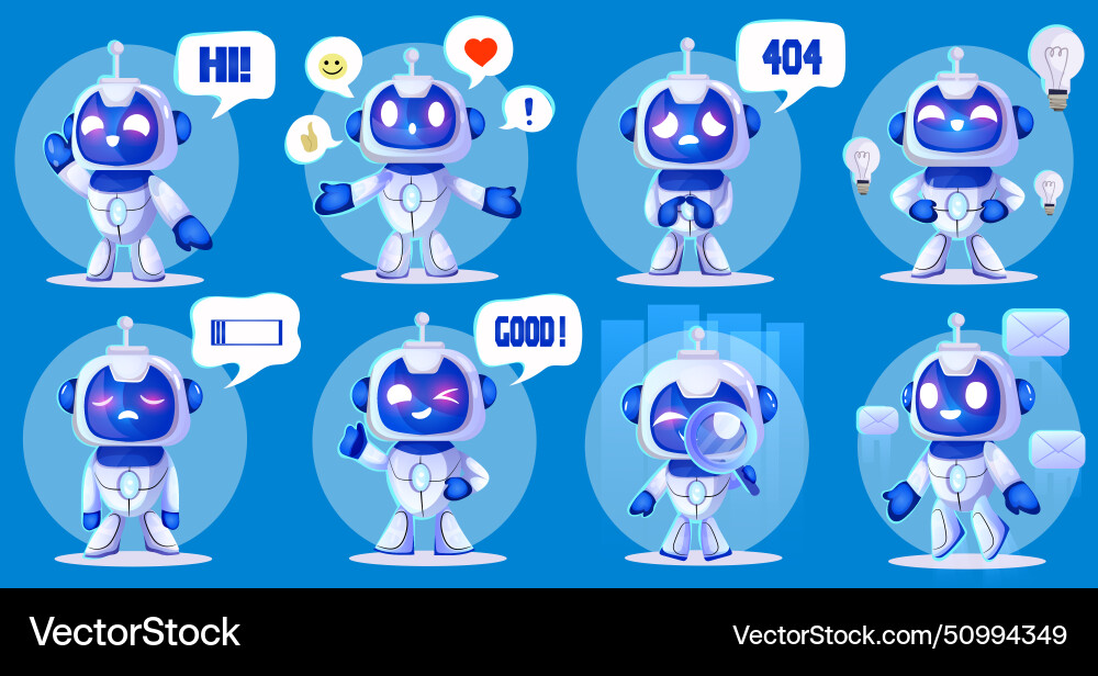 Various cute robots with different expressions Vector Image