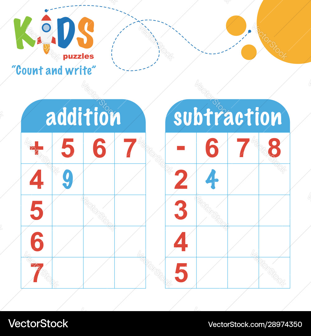 Easy colorful math count and write worksheet Easy colorful math count and write worksheet vector image