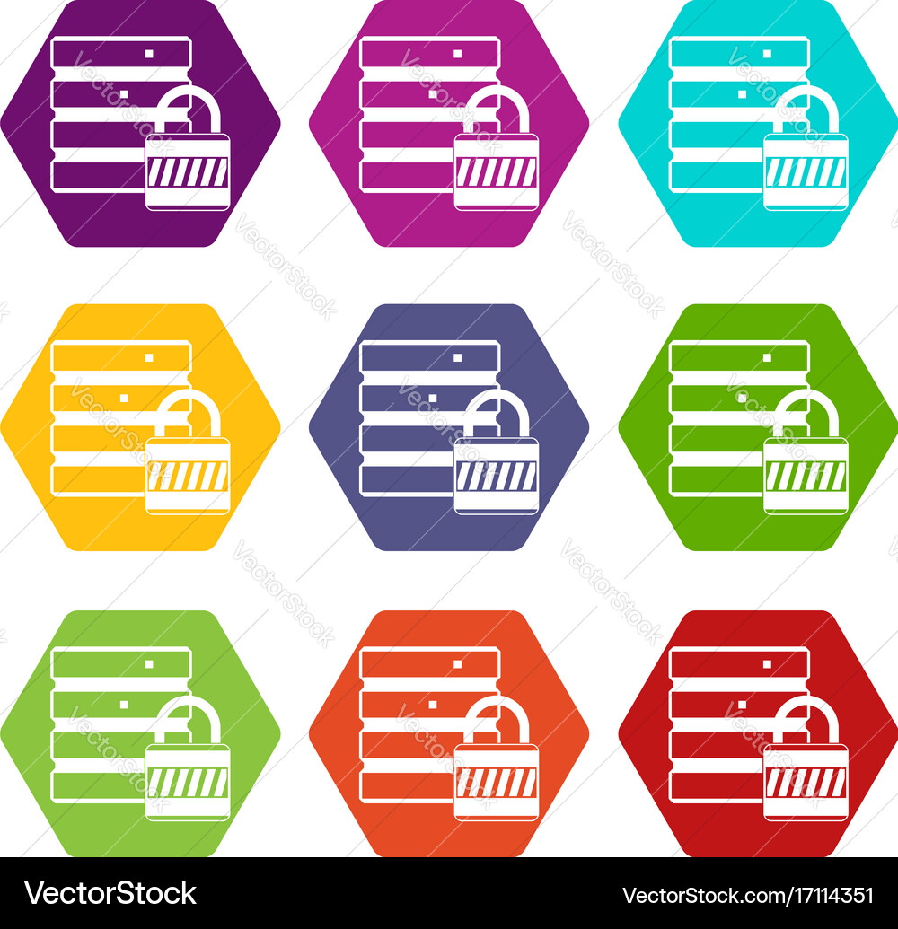 Database with padlock icon set color hexahedron vector image