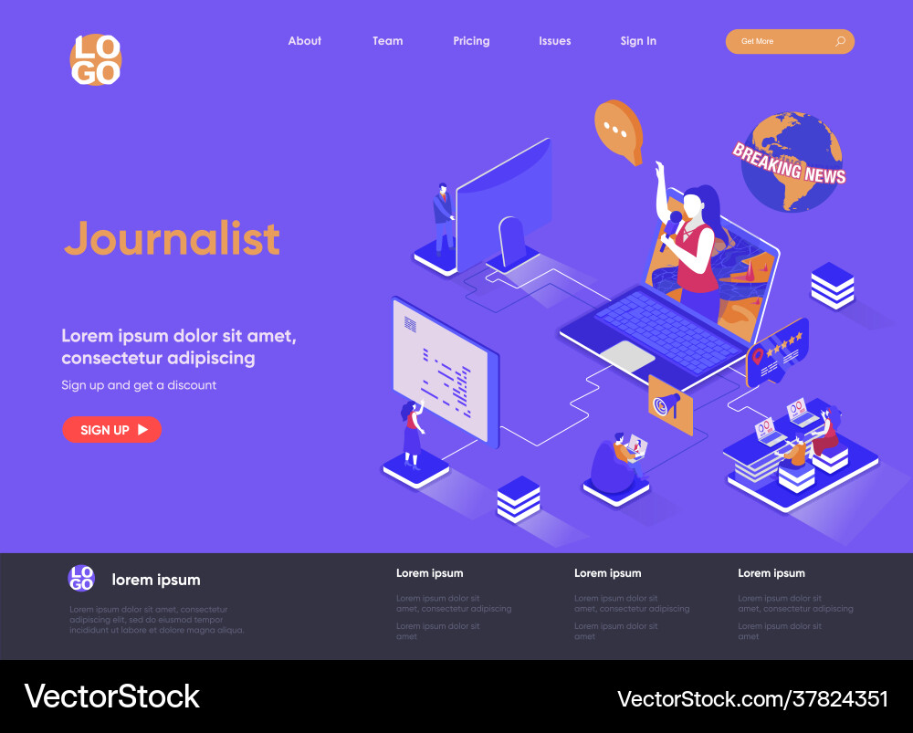 Journalist isometric landing page Journalist isometric landing page vector image