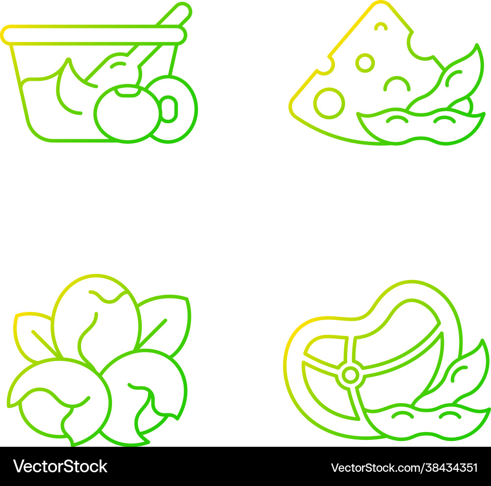 Soy ingredients gradient linear icons set Soy ingredients gradient linear icons set vector image