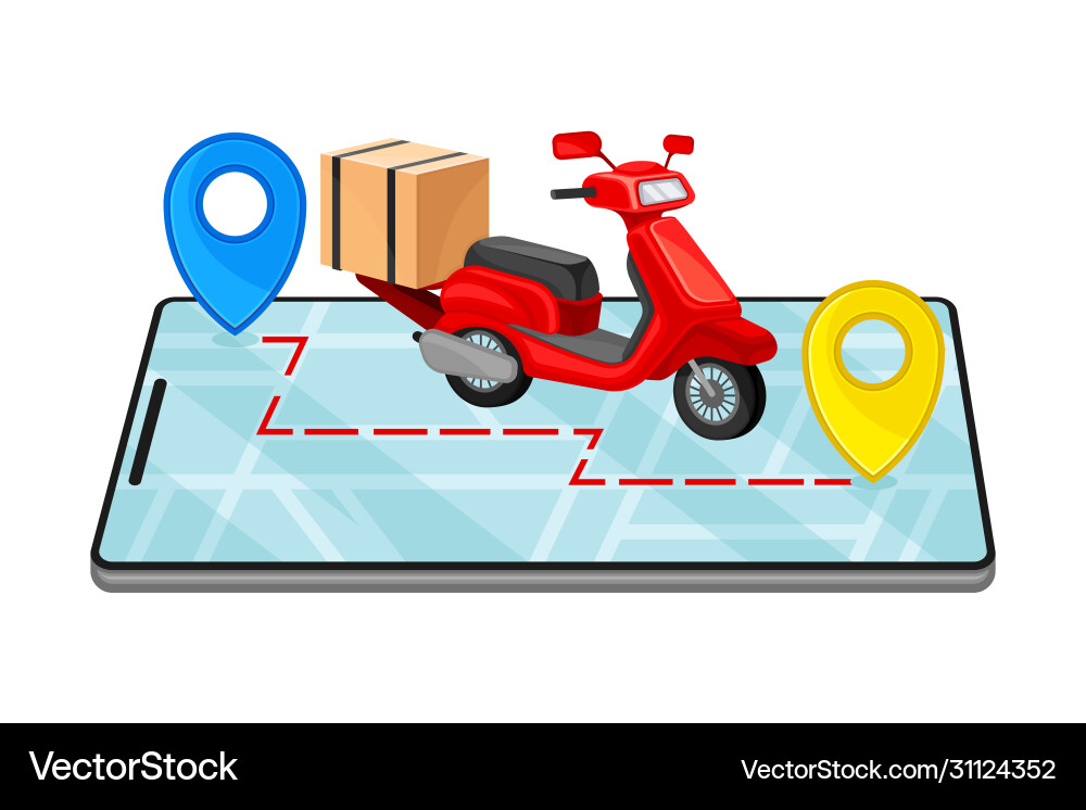 Cardboard box and scooter with navigation app Cardboard box and scooter with navigation app vector image