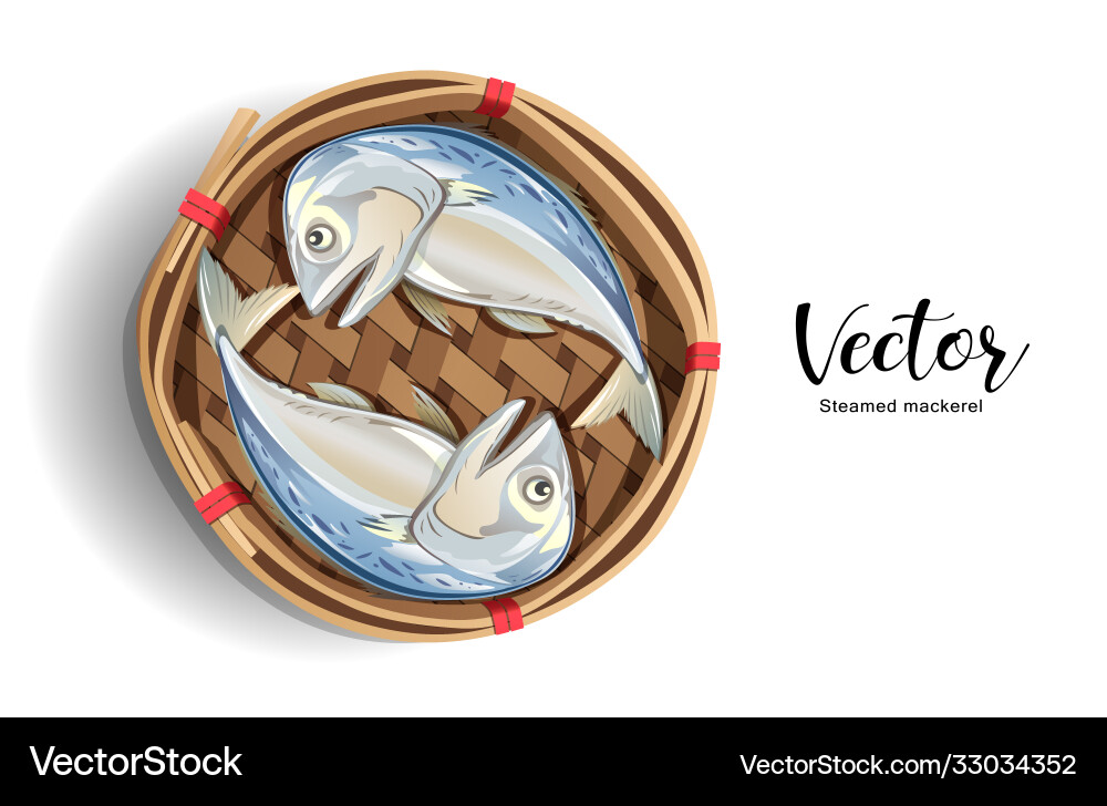 Mackerel in Bambuskorb isoliert auf weiß Mackerel in Bambuskorb isoliert auf weiß vektorbild