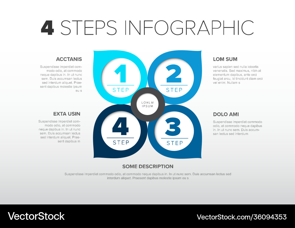 Four blue circle pointers steps process Four blue circle pointers steps process vector image