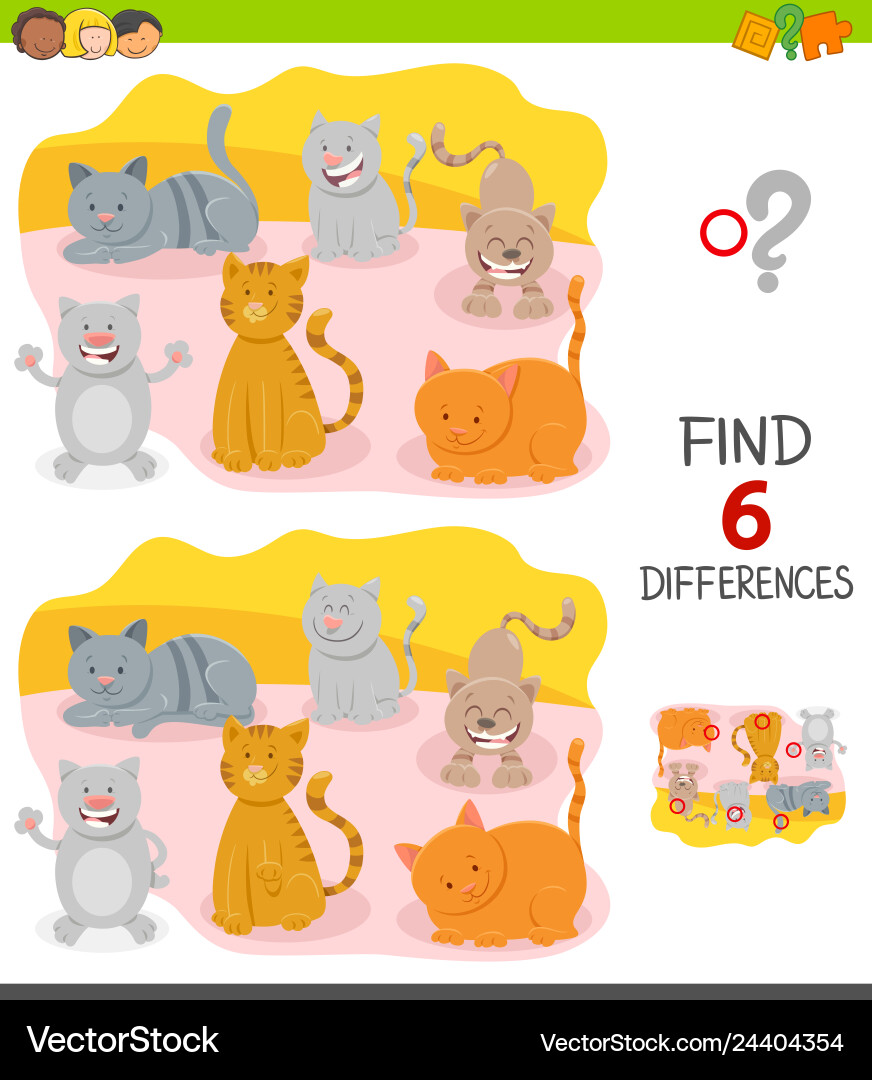 Differences game with cartoon cat characters Vector Image