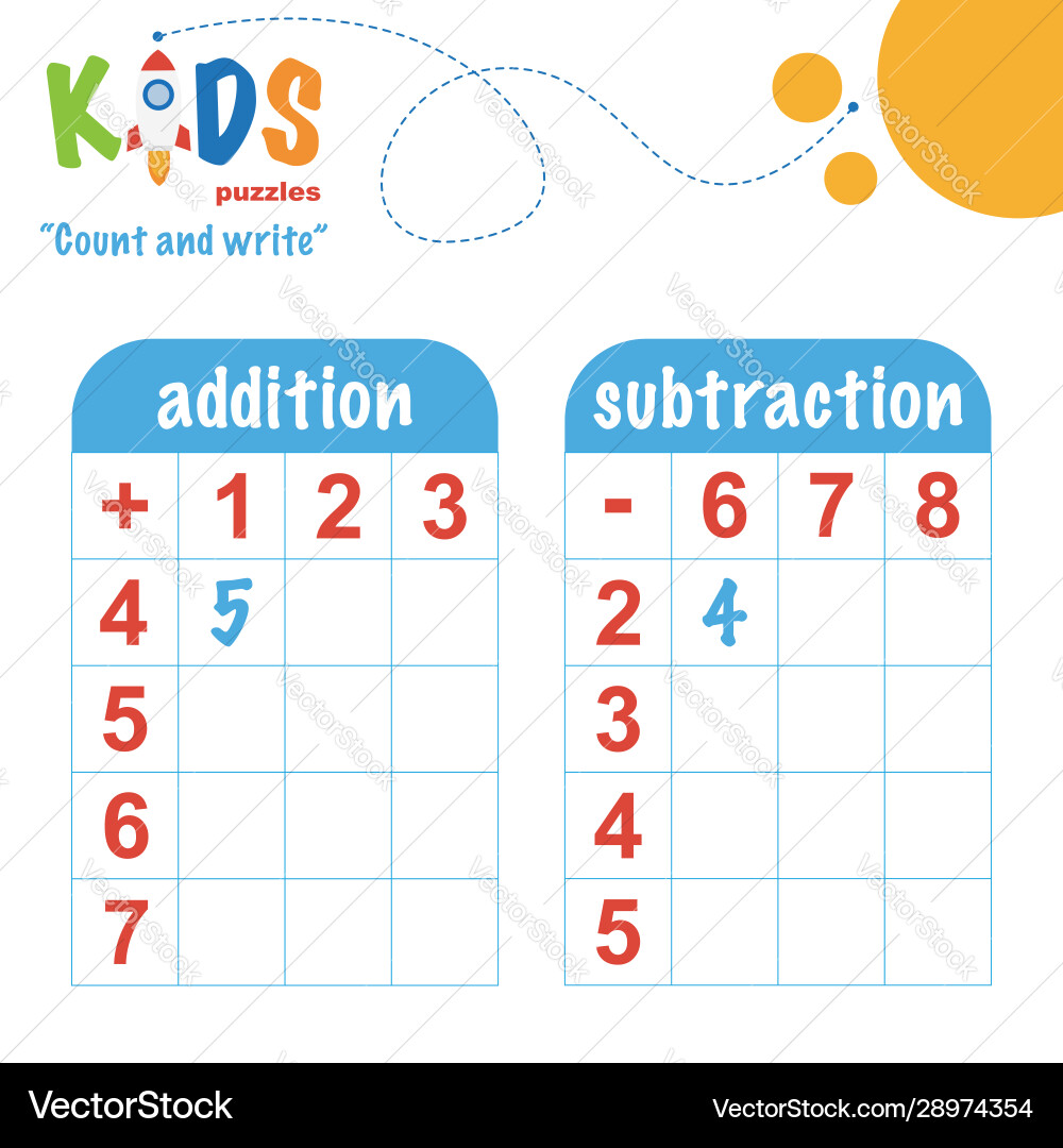 Easy colorful math count and write worksheet Easy colorful math count and write worksheet vector image