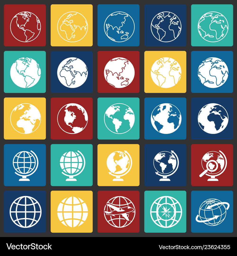 Globe icons on color squares background Vector Image