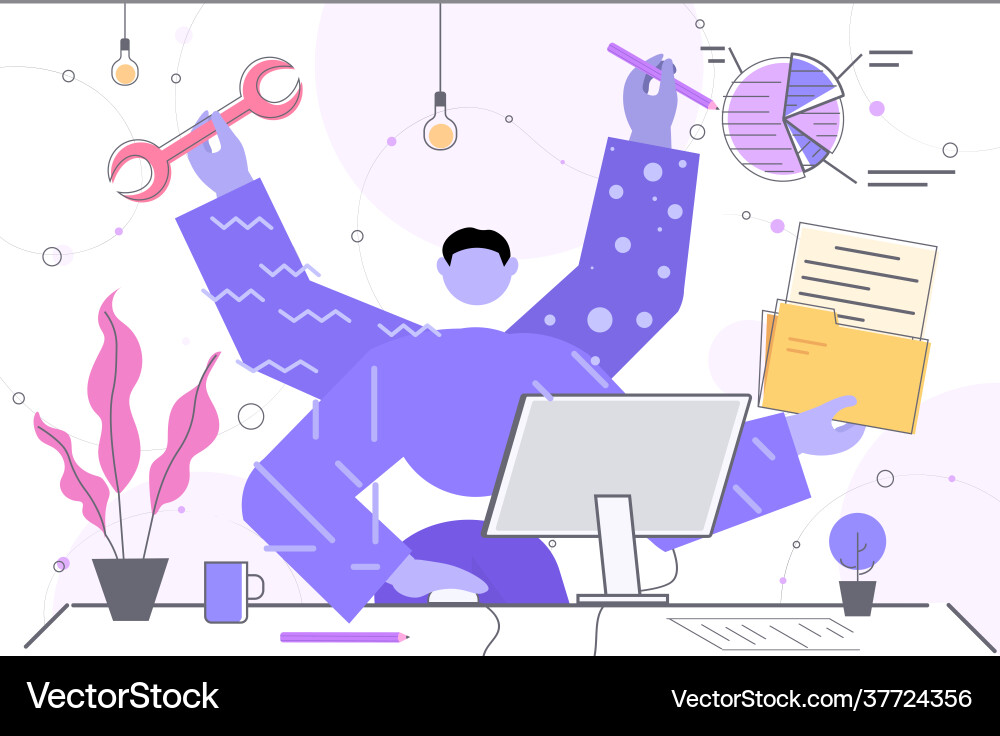 Businessman with many hands working at computer Businessman with many hands working at computer vector image