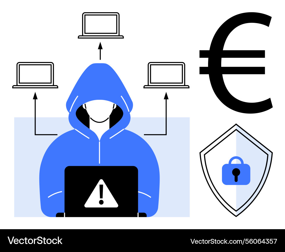 Hacker in hoodie using laptop with warning symbol Hacker in hoodie using laptop with warning symbol vector image