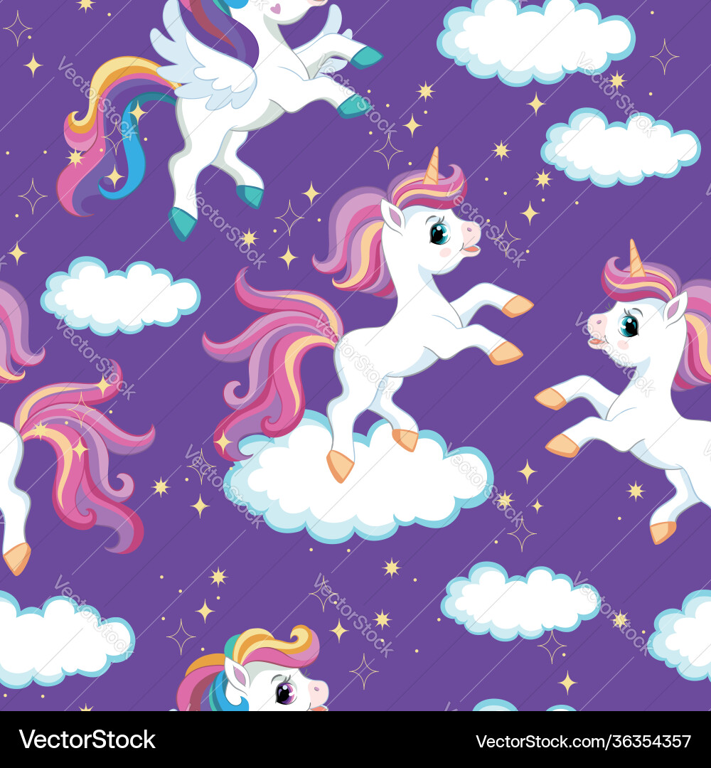 Seamless pattern unicorns on purple background Vector Image