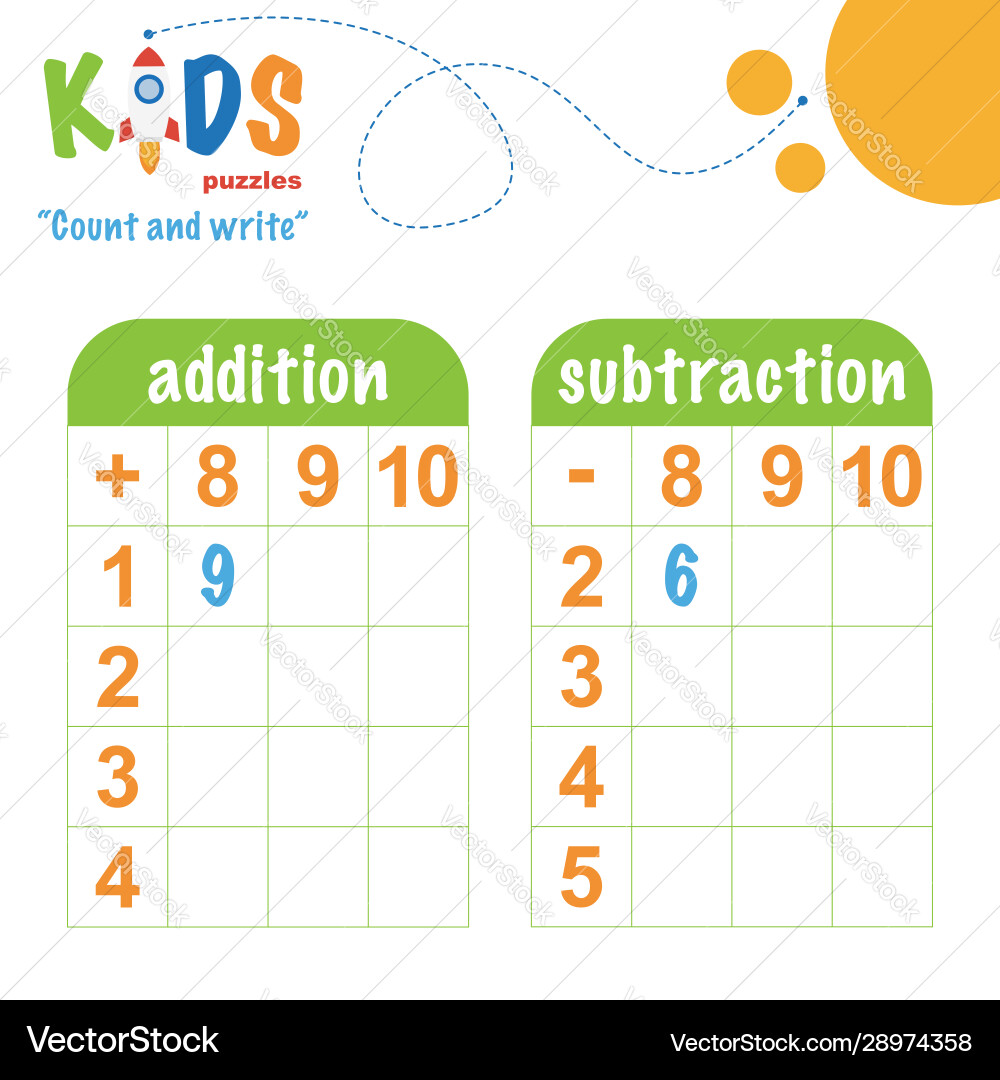 Easy colorful math count and write worksheet Easy colorful math count and write worksheet vector image