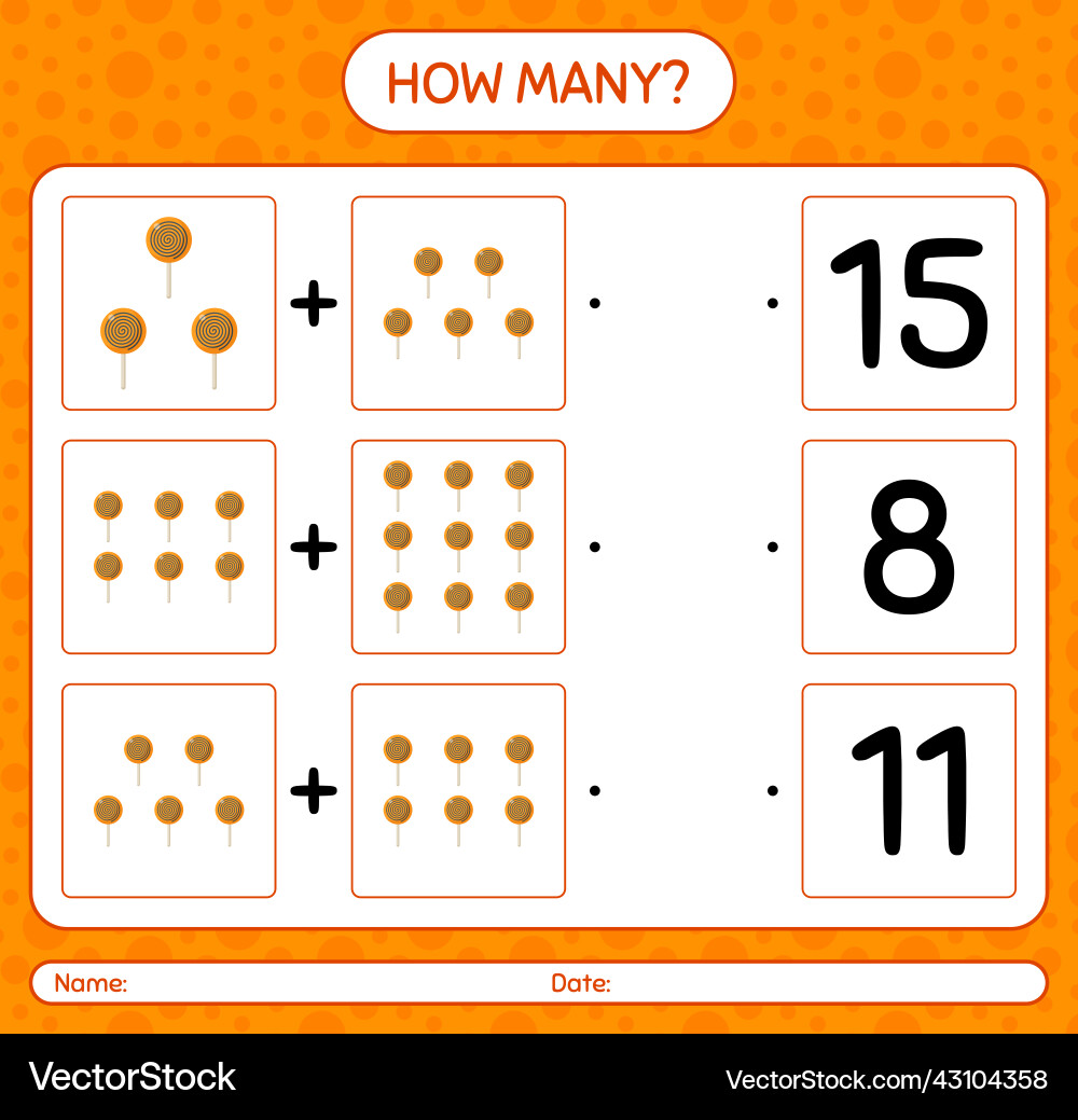 How many counting game with lollipop worksheet How many counting game with lollipop worksheet Vector Image