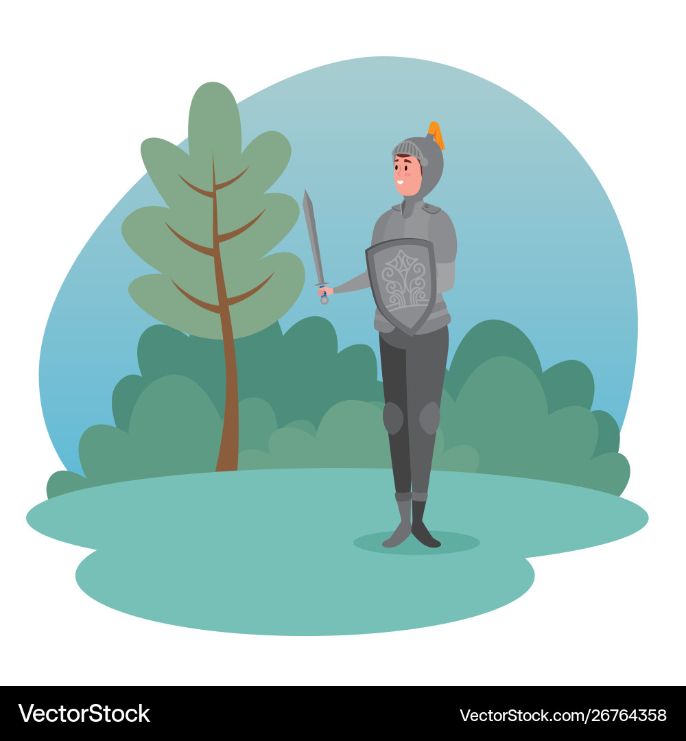 Sir with armor and shield next to tree bushes Sir with armor and shield next to tree bushes vector image