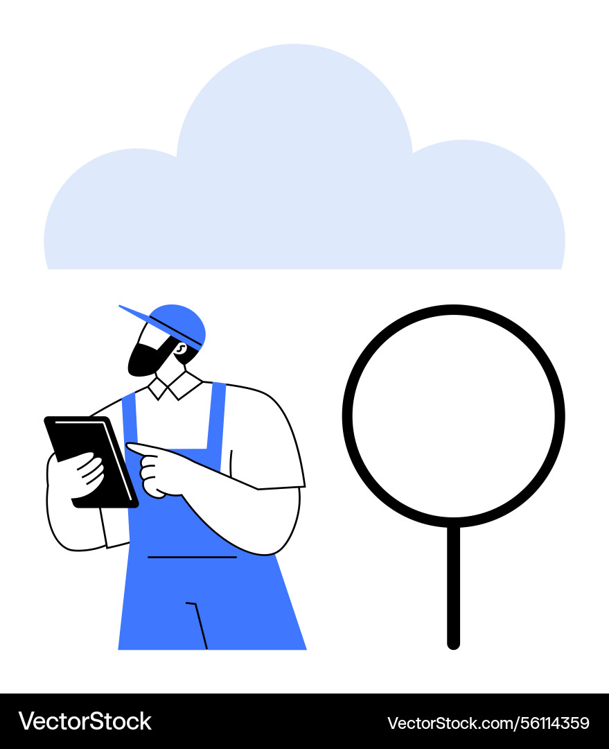 Worker in uniform using a tablet with cloud Worker in uniform using a tablet with cloud vector image