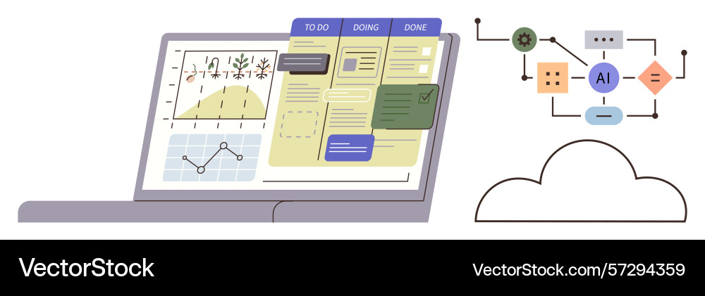 Workflow management on laptop with task board and Workflow management on laptop with task board and vector image