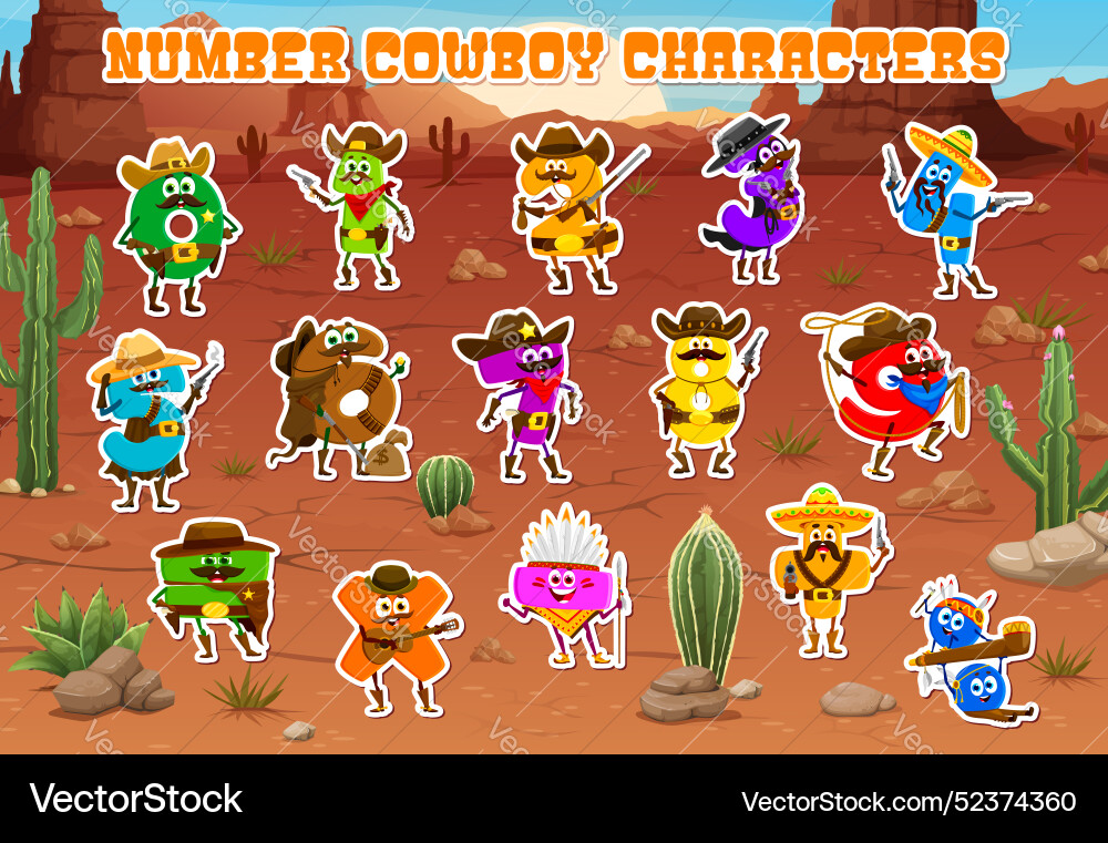 Cartoon numbers cowboy and sheriff stickers pack Cartoon numbers cowboy and sheriff stickers pack vector image