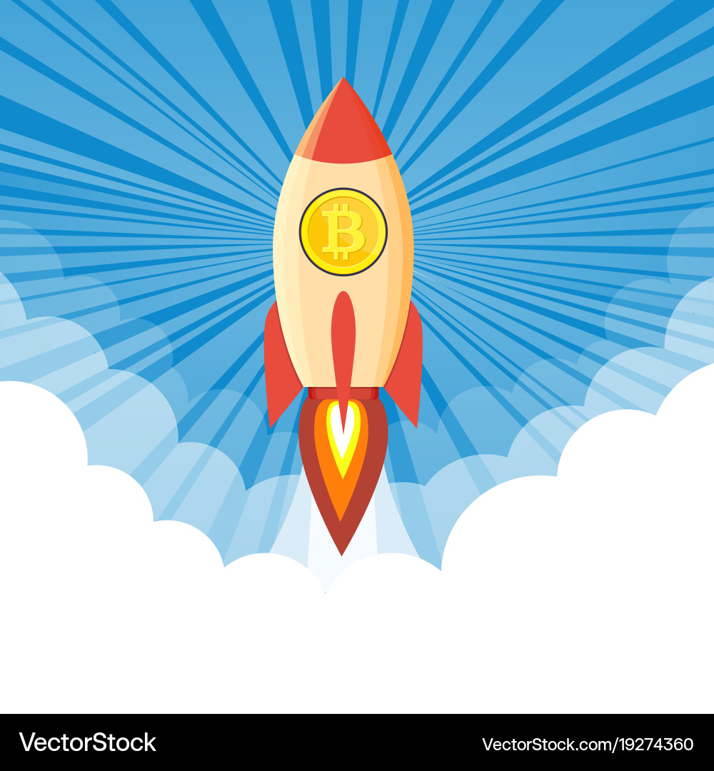 Rocket flying over clouds with bitcoin icon vector image