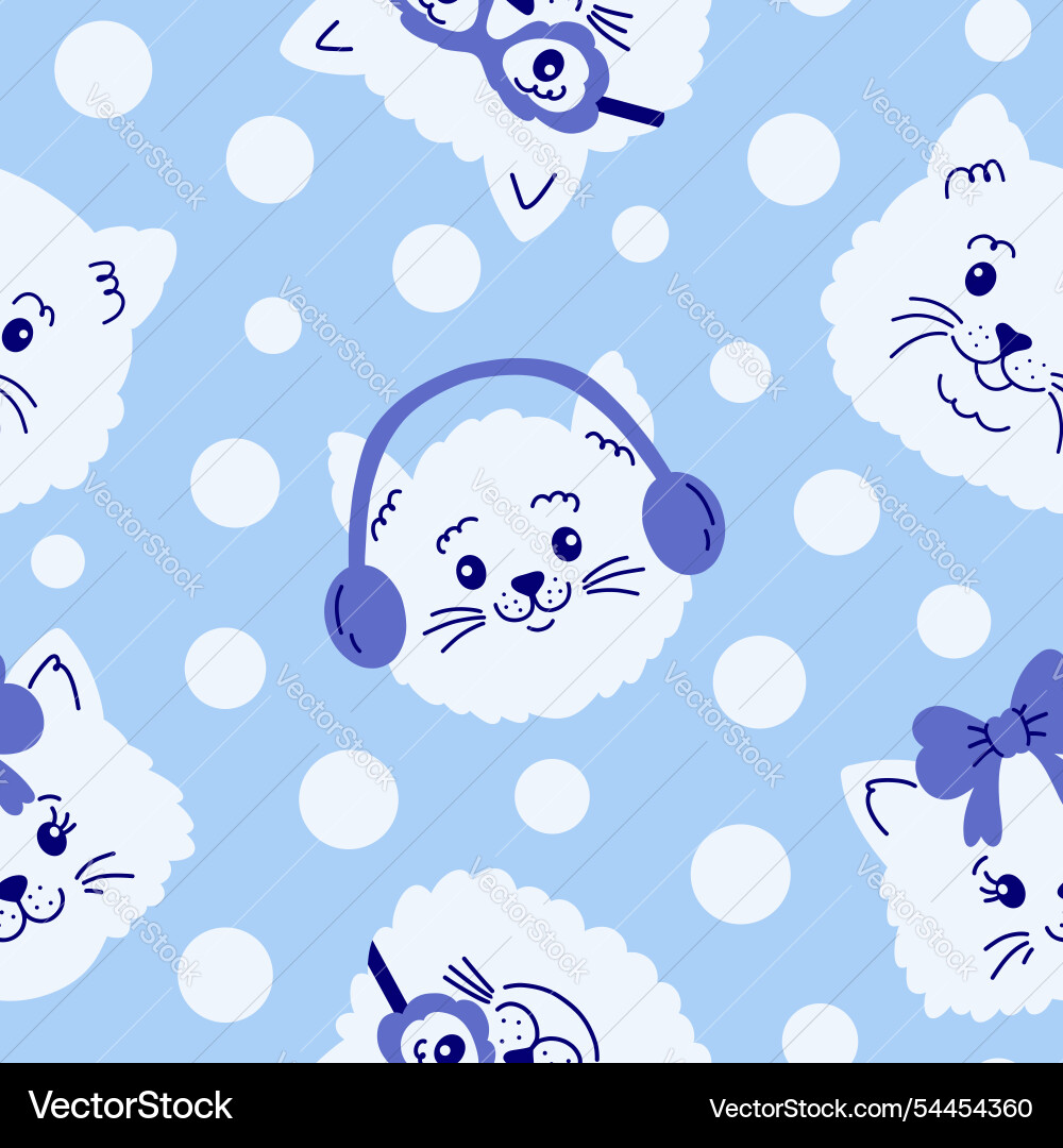 Seamless pattern with cat faces and dots vector image