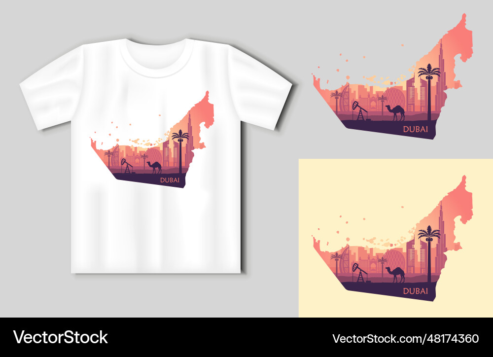 Skyline of dubai with camel in the form a map Skyline of dubai with camel in the form a map vector image