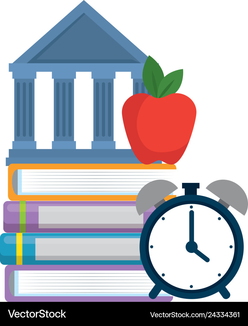 Pile text books with alarm and library building Vector Image