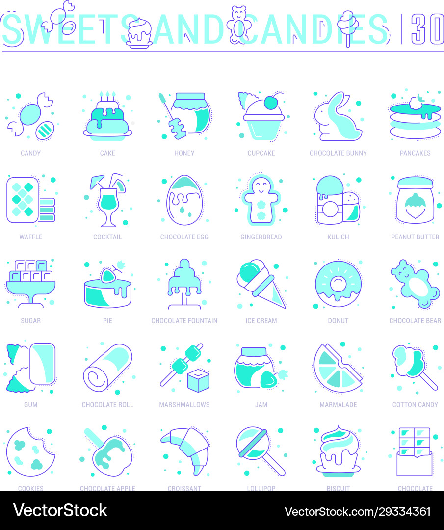 Set blue line icons sweets and chocolate vector image