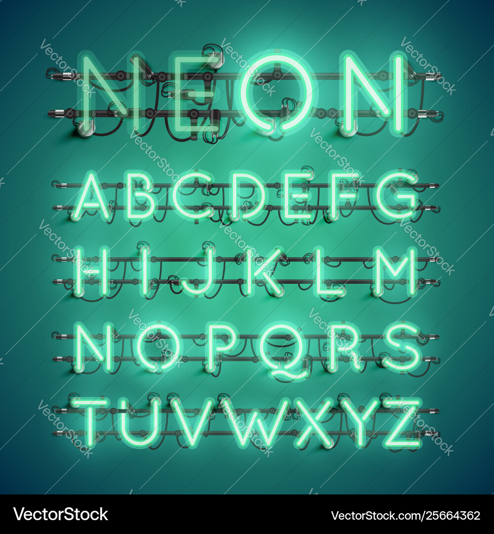 Realistic neon font with wires and console Realistic neon font with wires and console vector image