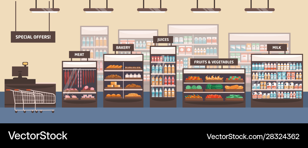 Supermarket interior flat Royalty Free Vector Image