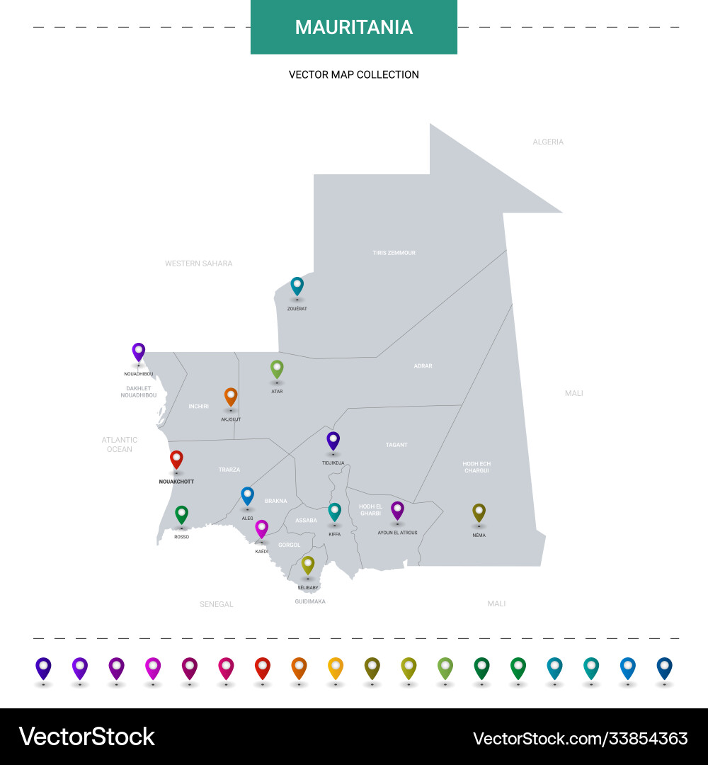 Mauritania map with location pointer marks vector image