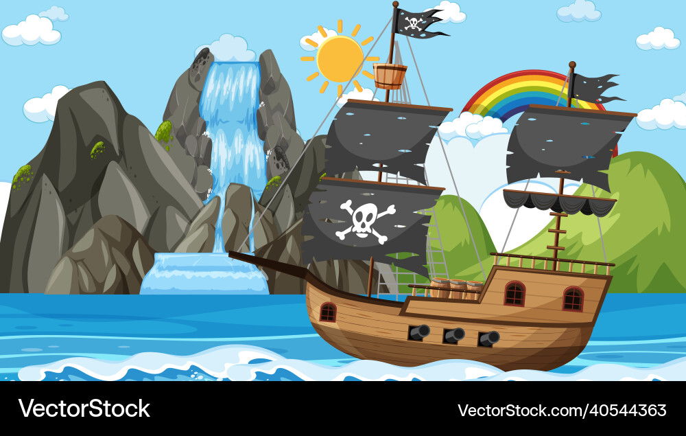 Ocean with pirate ship at day time scene Ocean with pirate ship at day time scene vector image