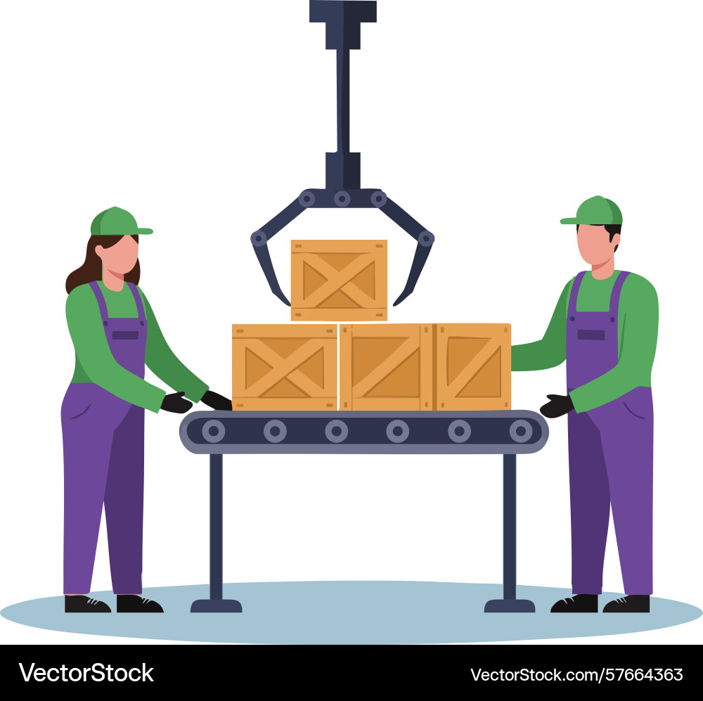 Warehouse workers operating conveyor belt loading Warehouse workers operating conveyor belt loading vector image