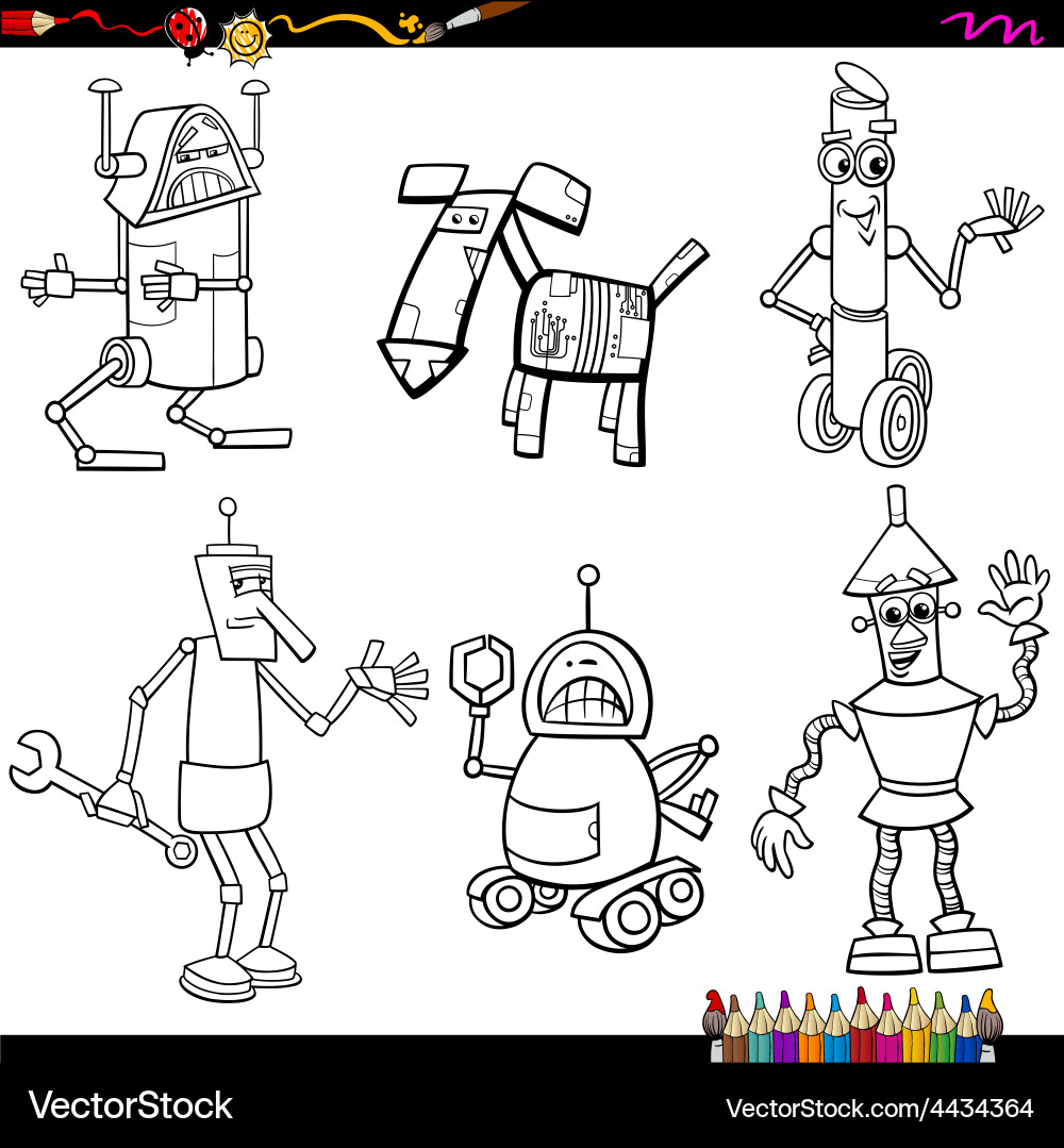 Fantasy Roboter Cartoons Färbung Seite Vektorbild