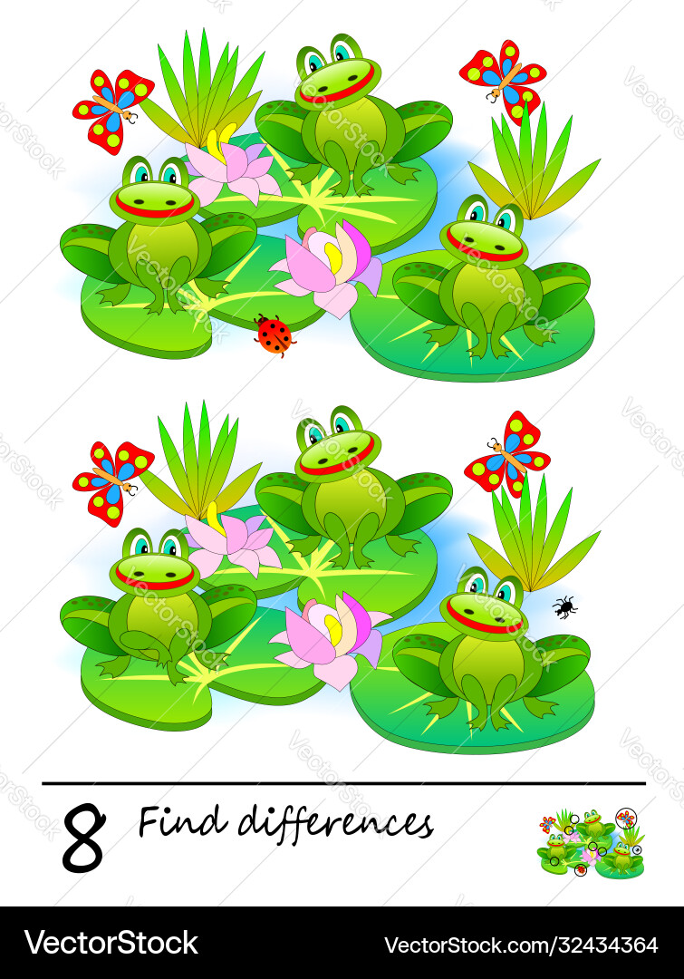 Find 8 differences logic puzzle game for children vector image