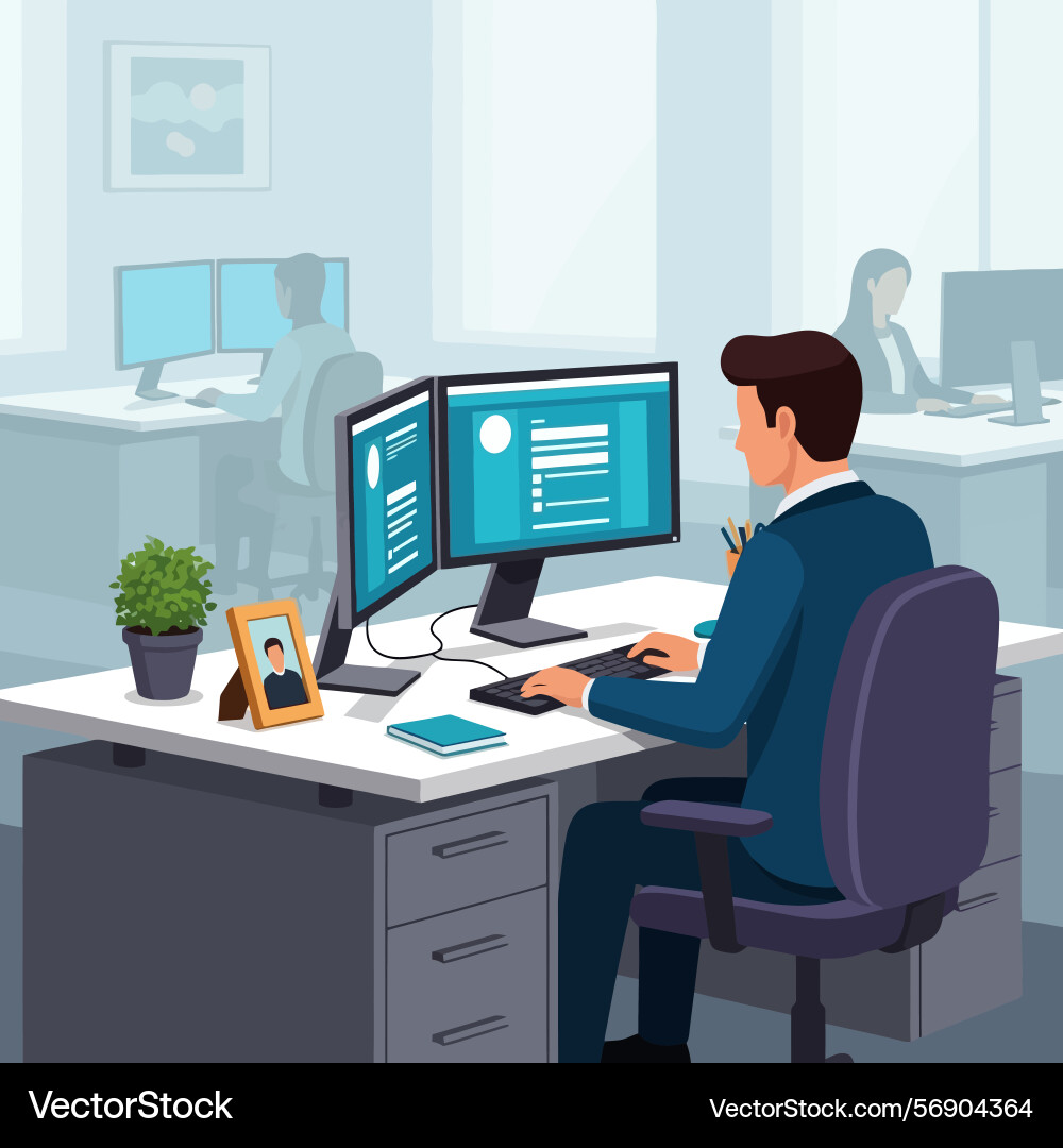 Man typing at computer with dual screens Man typing at computer with dual screens vector image