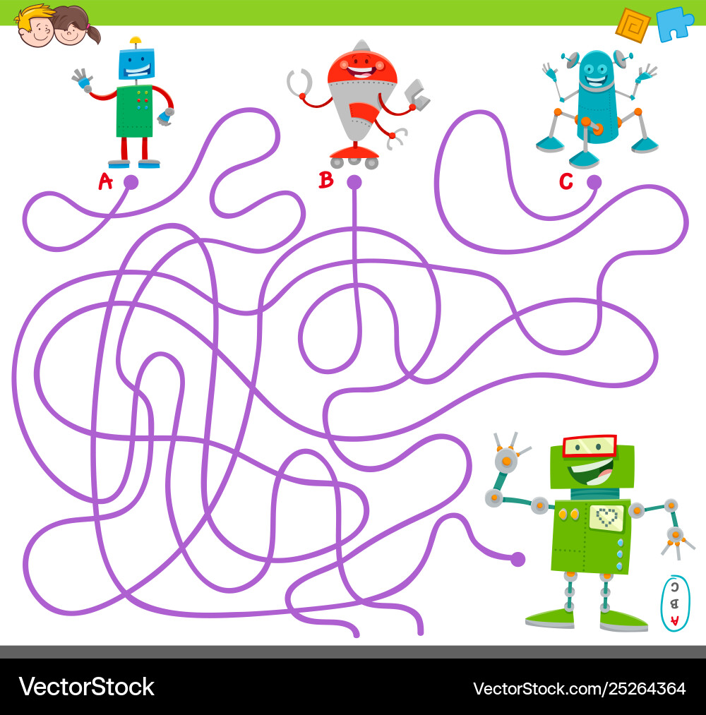 Maze game with happy robot characters Maze game with happy robot characters vector image