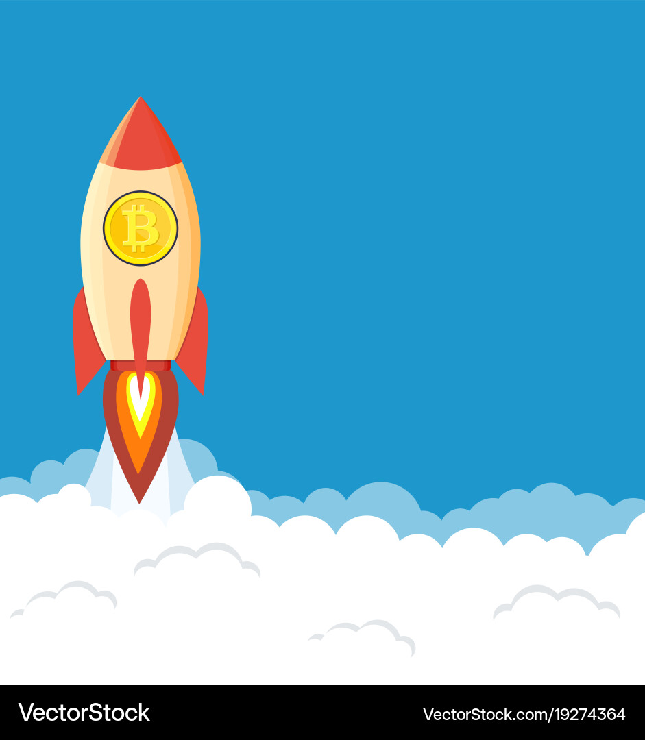 Rocket flying over clouds with bitcoin icon vector image