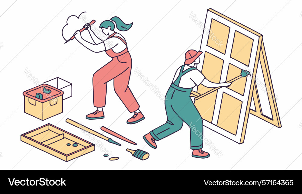 Workers assembling large window frame on site Vector Image